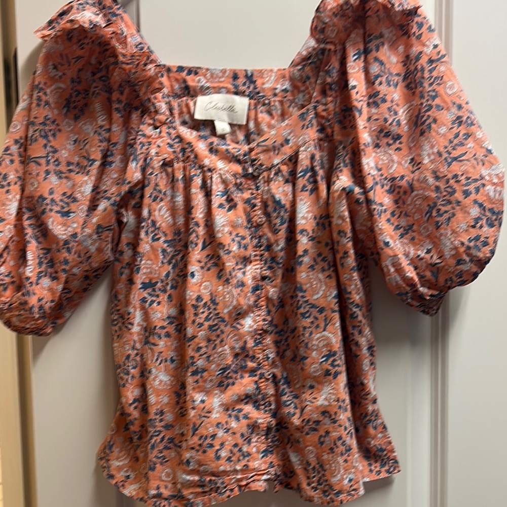 Cleobella Orange and Navy Ruffled Puff Sleeve Blouse from Evereve